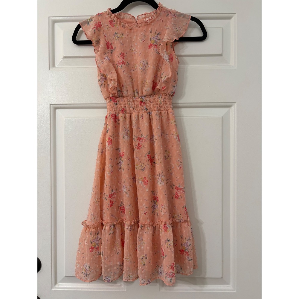 Trende | Floral Swiss Dot Chiffon Ruffle Dress | 7 || Peach|